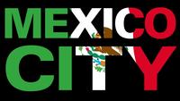 Vlag van Mexico met Type masker in de voorgrond. Mexico Stad.