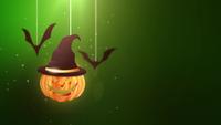 Animation de fond vert Halloween avec citrouille et chauves-souris tombant et suspendu à des ficelles