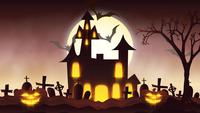 animation of a spooky haunted house with Jack-o-lantern Halloween pumpkins