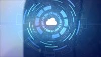 homme d&#39;affaires main hologramme hud projection nuage magasin de données icône