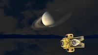 Un coche y Saturno reflejo en un lago